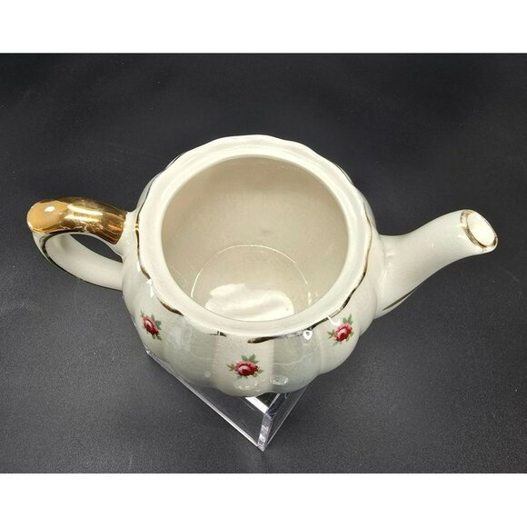 Rose Pumpkin Teapot With Blue and Gold Accents English Staffordshire JJ3837 - Picture 8 of 10